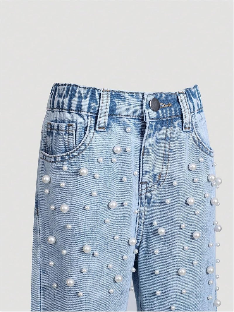WDIRARA Toddler Girl's Pearls Jeans Elastic Waist Straight Leg Denim Pants - Image 3